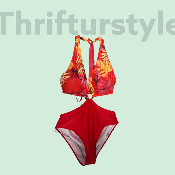 Red Floral Halter One Piece Swimsuit Cut Out Monokini Bathing Suit - Picture 2 of 4